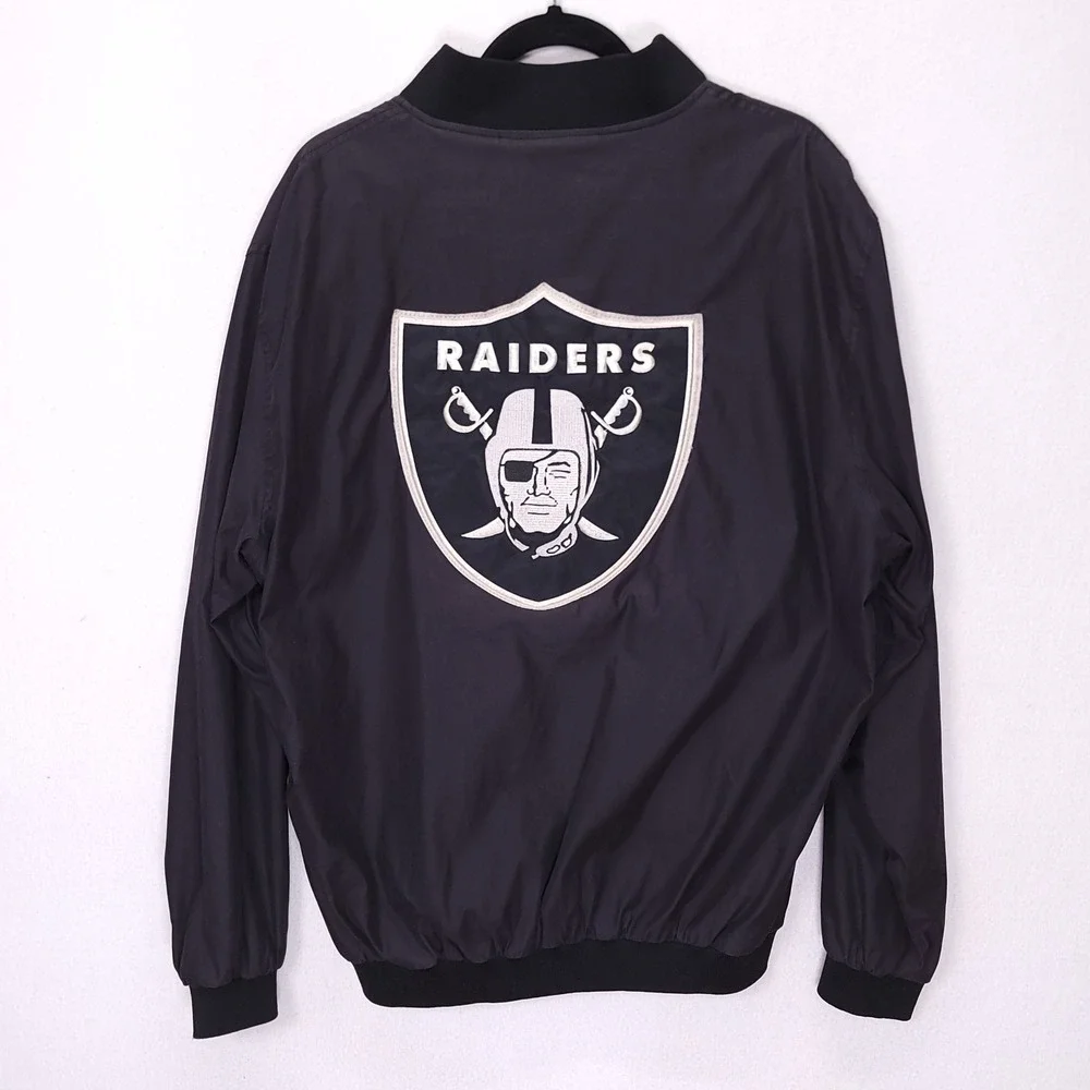 Vintage‎ Raiders Bomber Jacket Black Windbreaker Full Zip Mens XL Back Patch NFL